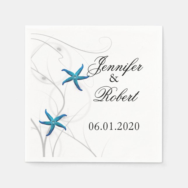 Blue Starfish with Silver Coral Wedding Napkin (Front)