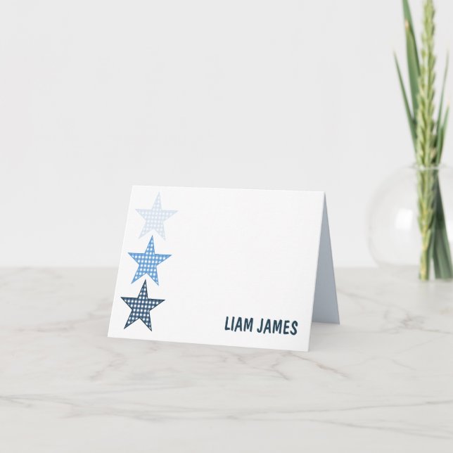 Blue Starry Gingham Folded Thank You Card (Front)