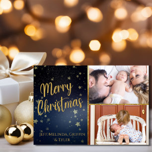 Blue Starry Night Merry Christmas Photo Card