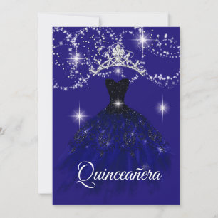 Blue starry night Sparkle Tiara Stars Quinceanera Invitation