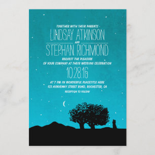 blue starry night trees and couple wedding invite