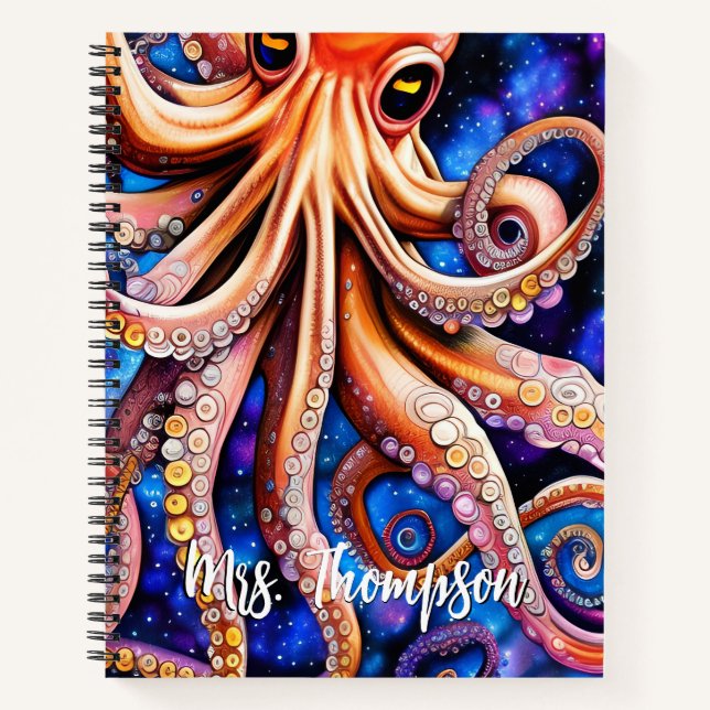 Blue Starry Night Whimsical Octopus | Custom Name Notebook (Front)