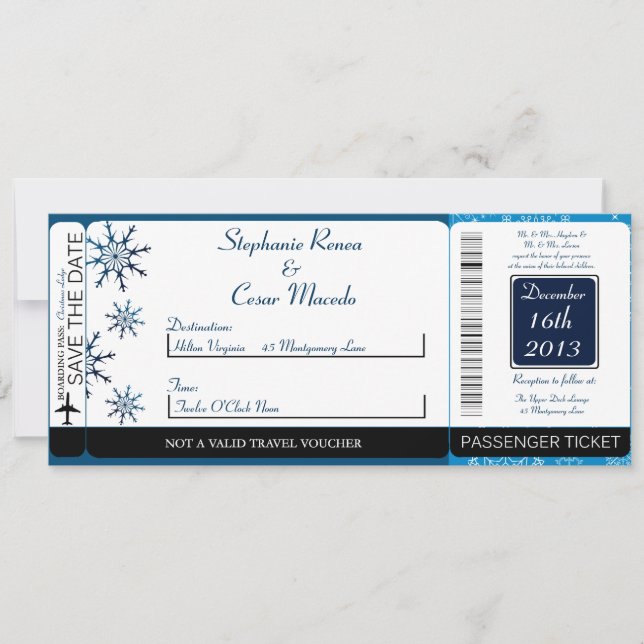 Blue Stars Boarding Pass Wedding Invitation (Front)