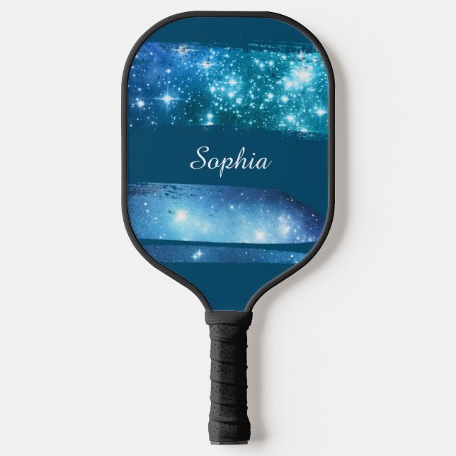 Blue Stars Brush Strokes, White Script Name, Blue Pickleball Paddle (Front)
