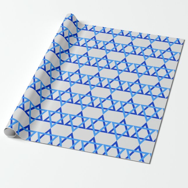 Blue Stars of David Happy Hanukkah Wrapping Paper (Unrolled)
