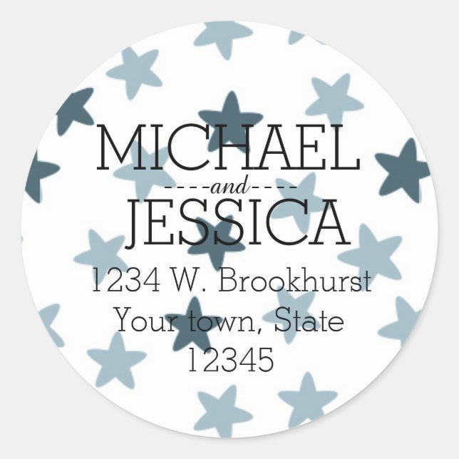 Blue Stars Personalized address Classic Round Sticker (Front)