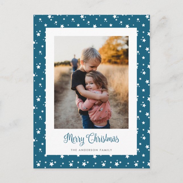 Blue Stars Photo Merry Christmas Postcards (Front)