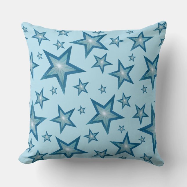 Blue Stars 'Text' square pale blue back Throw Pillow (Front)