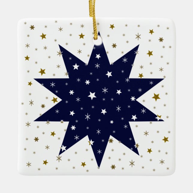 Blue stars & white stars & sparkly gold stars ceramic ornament (Front)