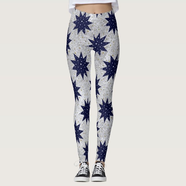 Blue stars & white stars & sparkly gold stars leggings (Front)