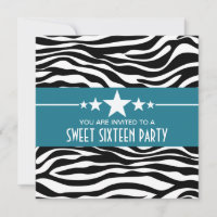 Blue Stars Zebra Print Sweet 16 Invitation