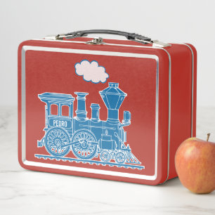Blue steam loco train kids custom name lunch box