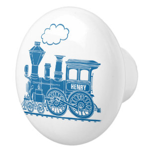 Blue steam train custom art doorknob ceramic knob