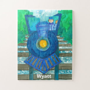 Blue Steam Train Custom Name Kids Jigsaw Puzzle
