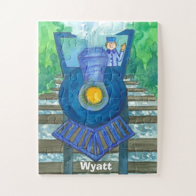 Blue Steam Train Custom Name Kids Jigsaw Puzzle (Vertical)