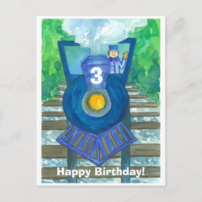 Blue  Steam Train Happy Third Birthday Postcard (Front)