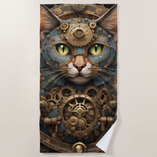 blue steampunk cat AI art beach towel