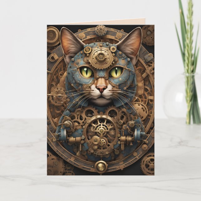 blue steampunk cat AI art greeting card (Front)