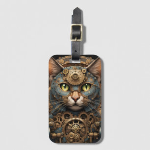 blue steampunk cat AI art Luggage Tag