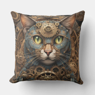 blue steampunk cat AI art outdoor pillow