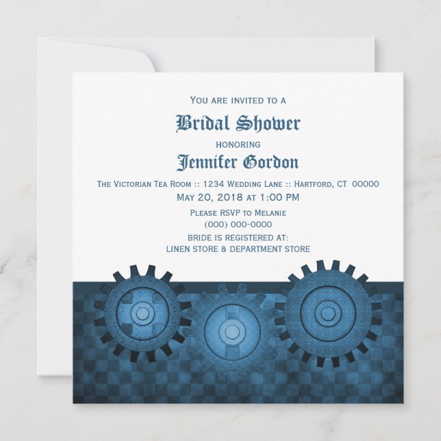 Blue Steampunk Gears Fête des mariées Invitation (Devant)
