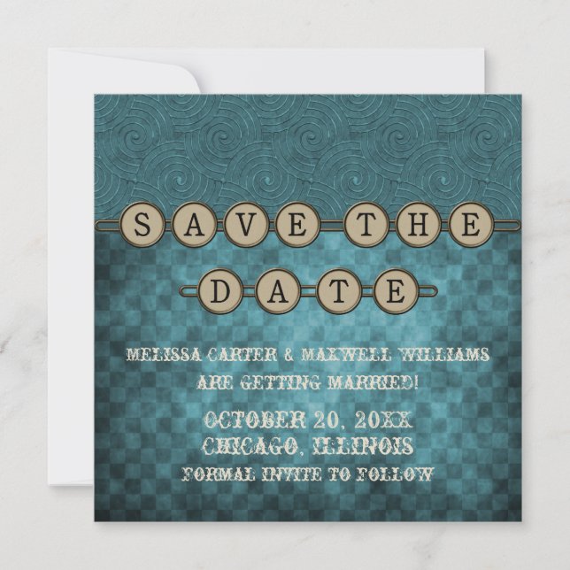 Blue Steampunk Keys Save the Date Invite (Front)