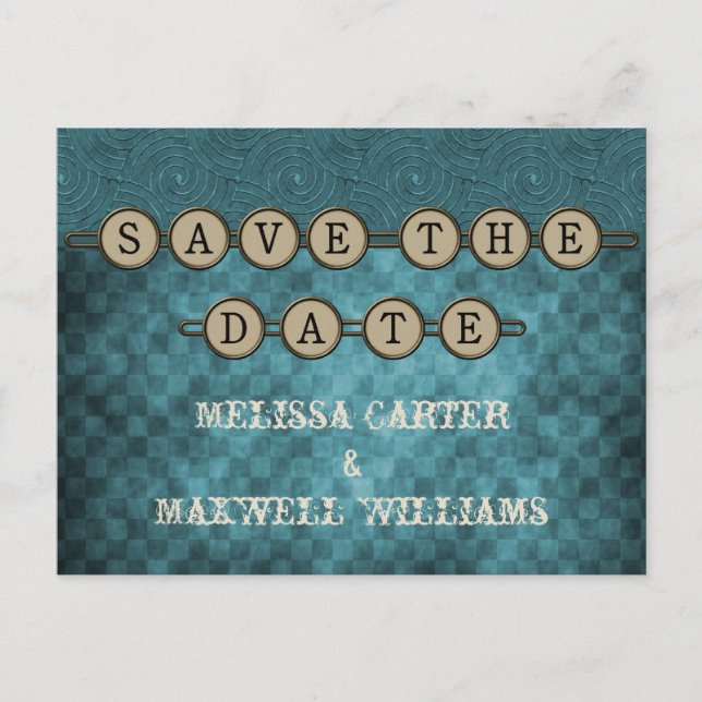 Blue Steampunk Keys Save the Date Postcard (Front)