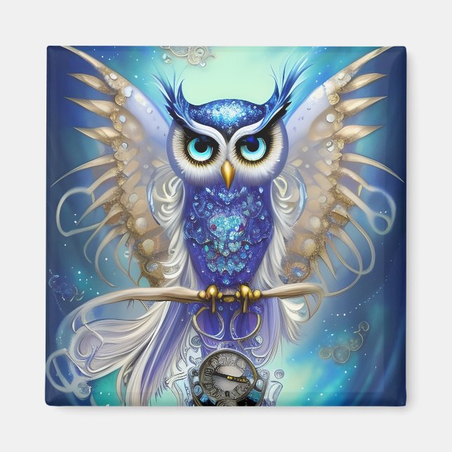 Blue Steampunk Owl Magnet (Front)