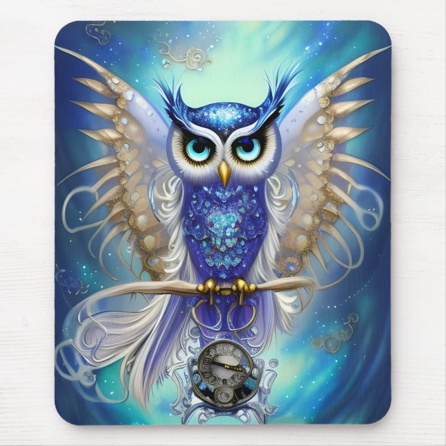 Blue Steampunk Owl Mouse Pad (Front)