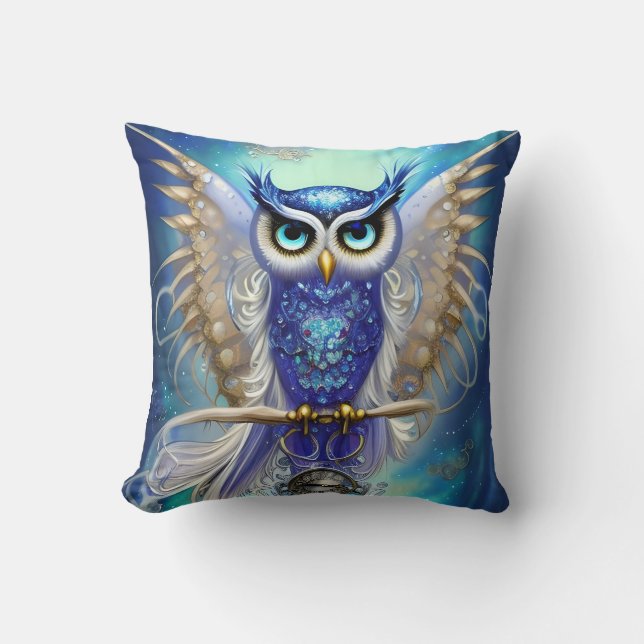 Blue Steampunk Owl Throw Pillow (Front)