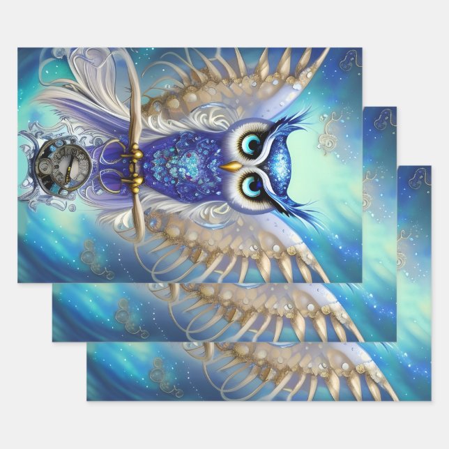 Blue Steampunk Owl Wrapping Paper Sheet (Set)