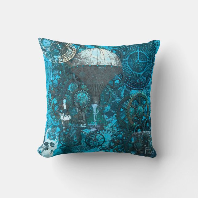 Blue Steampunk Pillow Cushion (Front)