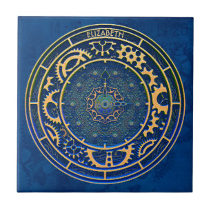 Blue Steampunk Retro Vintage Rusty Art Deco Clock Tile