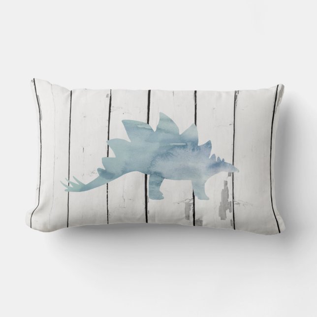 Blue Stegosaurus Dinosaur Shiplap Rustic Decor Lumbar Pillow (Front)