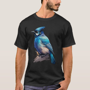 Blue Stellar Jay Artistic Bird Watercolor Nature W T-Shirt