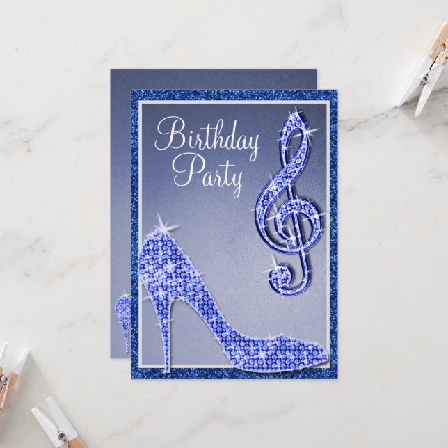 Blue Stiletto & Treble Clef Birthday Invitation (Front/Back In Situ)