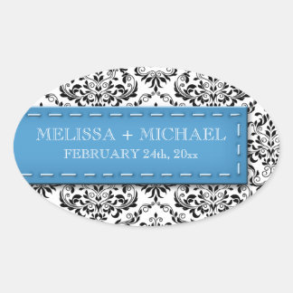 Blue Stitched Damask Wedding Large Favour Stickers