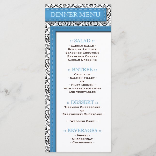 Blue Stitched Damask Wedding Reception Menu (Front)