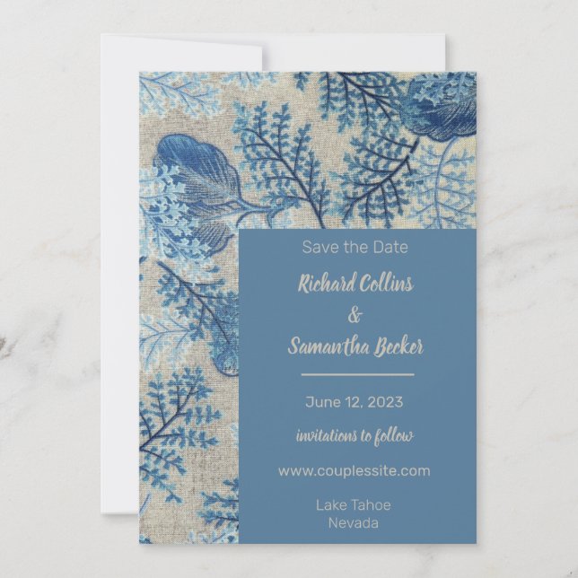 Blue Stitched Floral Wedding Save The Date (Front)