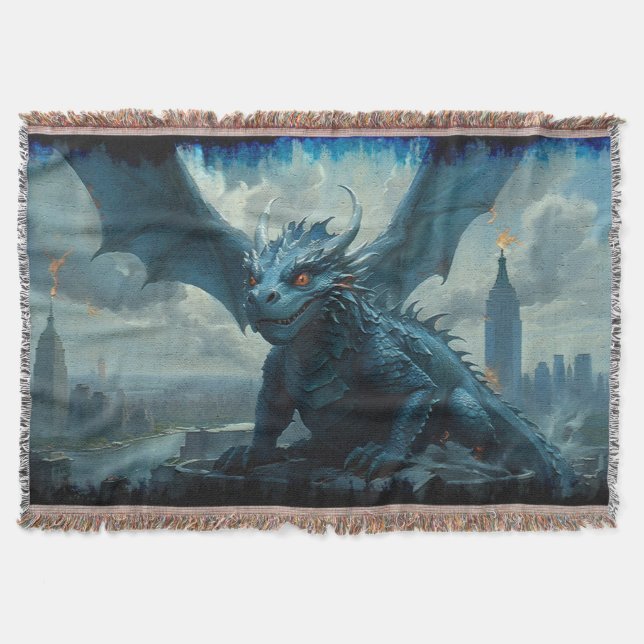 Blue Stone Dragon Visits New York Throw Blanket (Front)