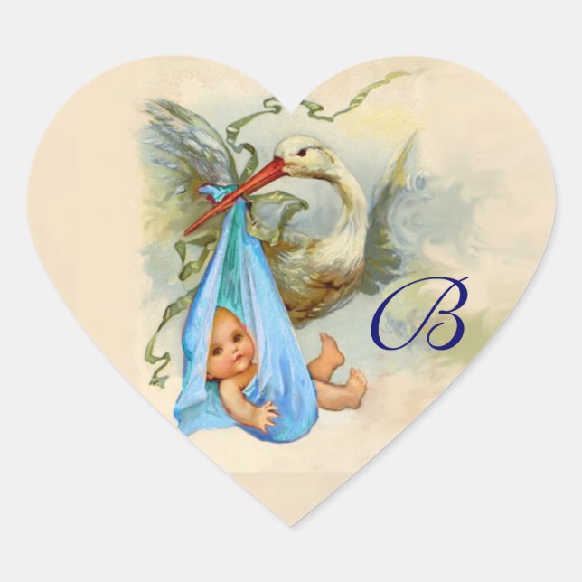 BLUE STORK BABY SHOWER HEART MONOGRAM , HEART STICKER (Front)