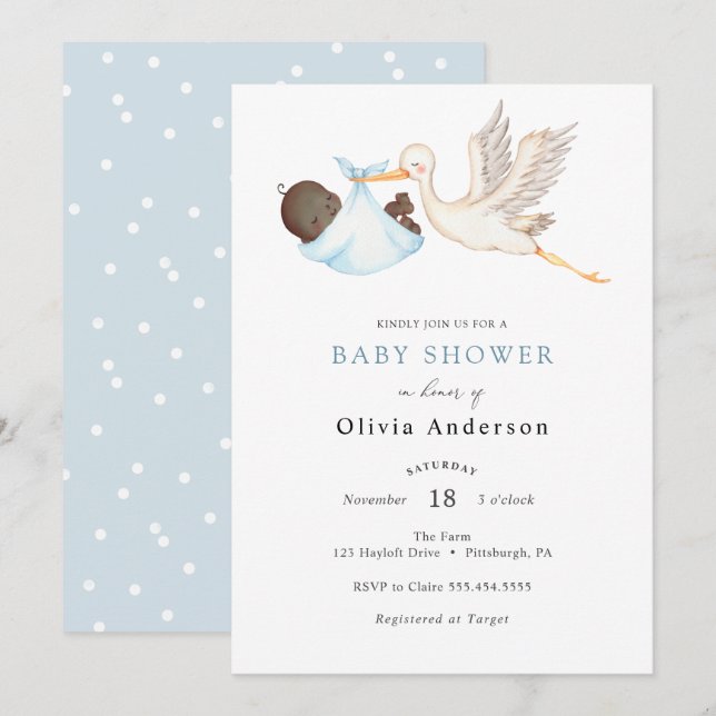 Blue Stork Baby Shower Invitation (Front/Back)