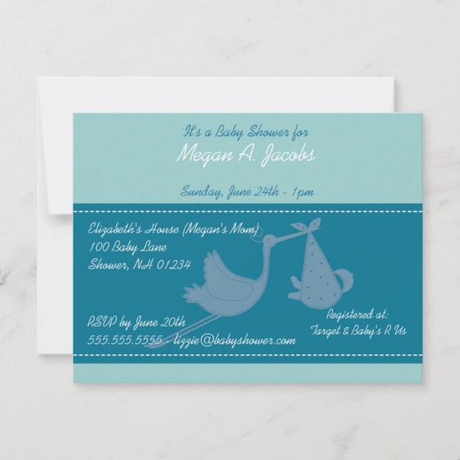 Blue Stork Baby Shower Invitation Cards (Front)
