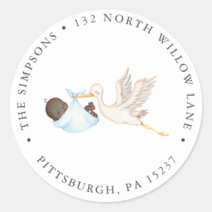 Blue Stork Baby Shower Return Address Classic Roun Classic Round Sticker