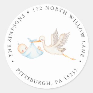 Blue Stork Baby Shower Return Address Classic Round Sticker