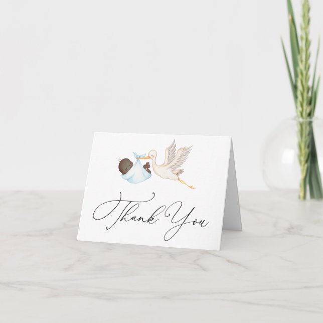 Blue Stork Baby Shower Thank You Note Card (Front)