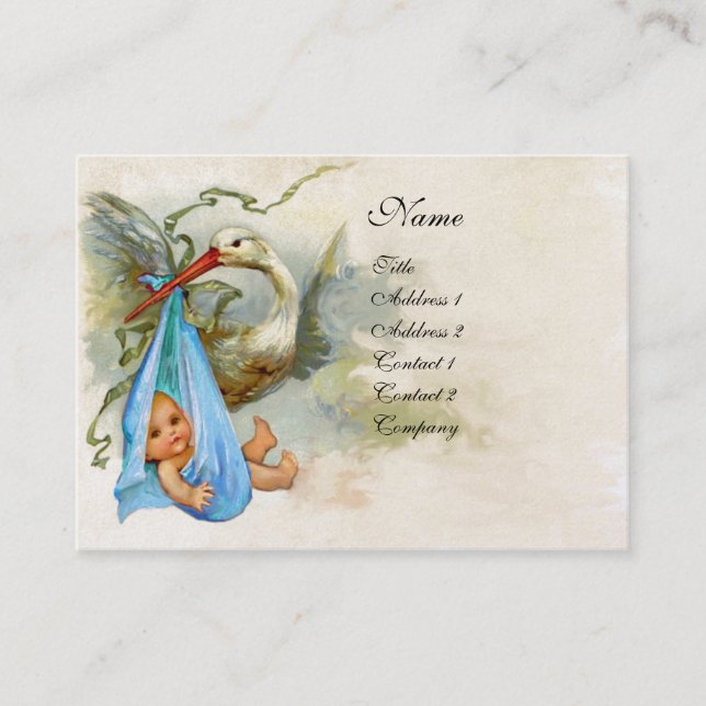 BLUE STORK BABY SHOWER White Pearl Shimmer Business Card (Front)