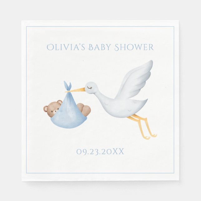 Blue Stork Boy Baby Shower Napkin (Front)