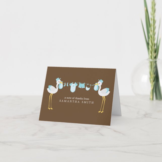 Blue Stork Boy Baby Shower Thank You Notes (Front)