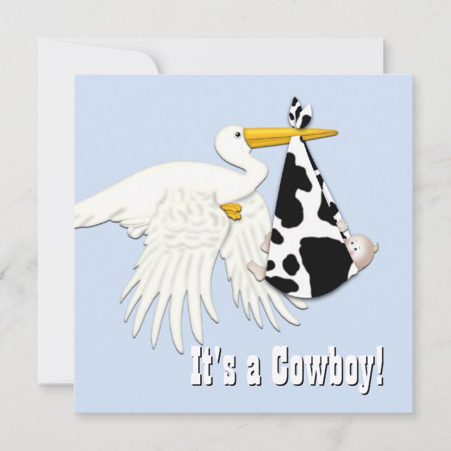 Blue Stork Cow Print Cowboy Baby Shower Invitation (Front)